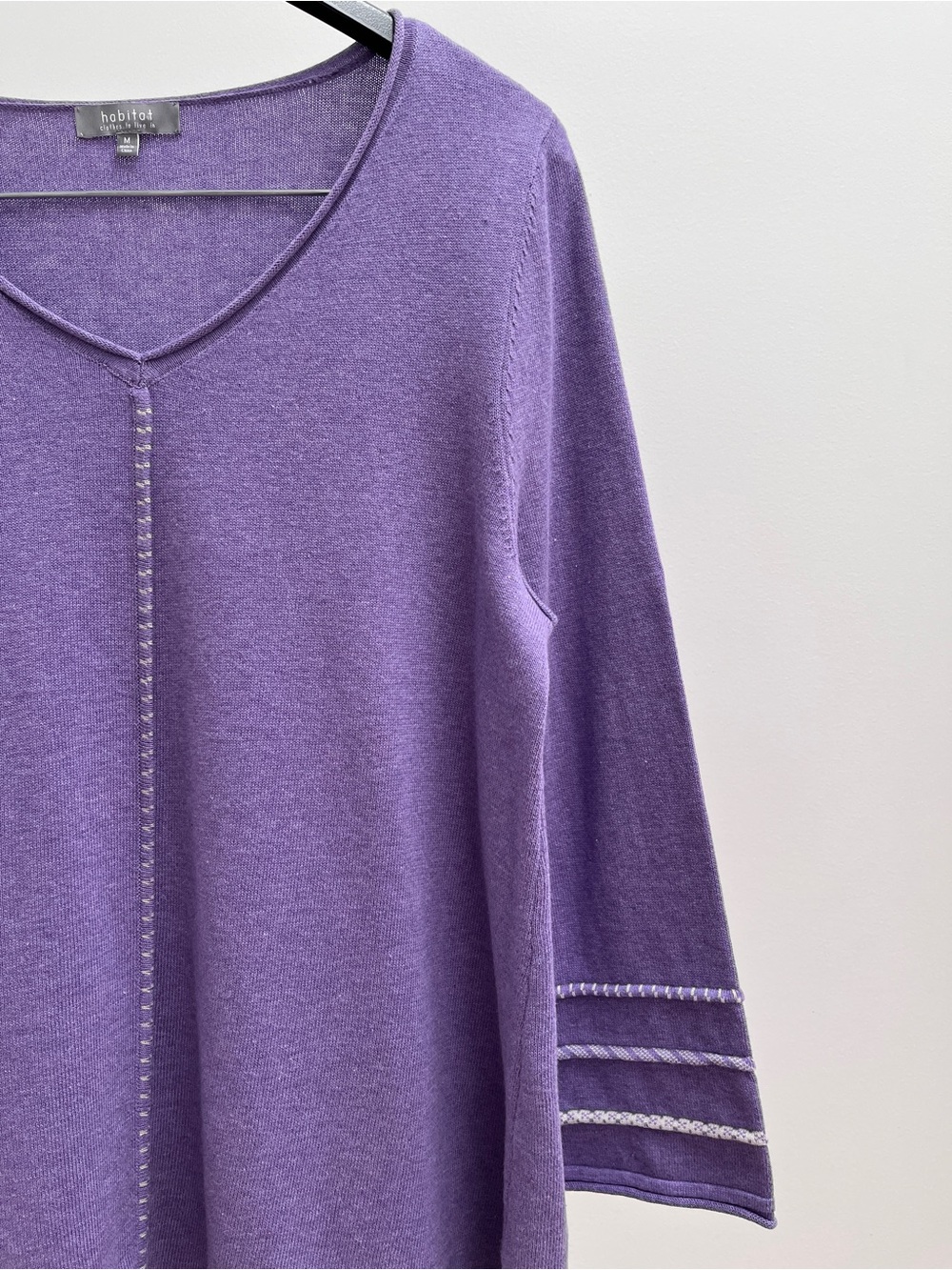 Habitat 100% cotton v-neck sweater M purple white rolled edge relaxed tunic top